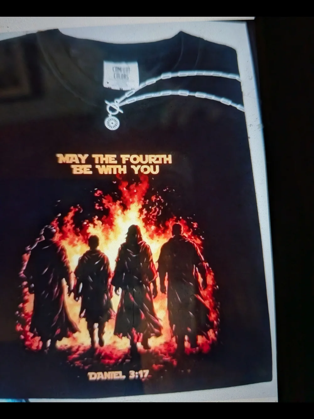 Biblical Black Tshirt with Four In  Fiery Furnace  - May The Fourth Be With You